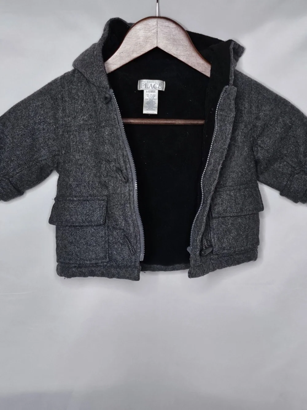 Baby Boy Infant Childrens Place Gray Wool Blend Zip Button Pea Coat Hooded 6-9M